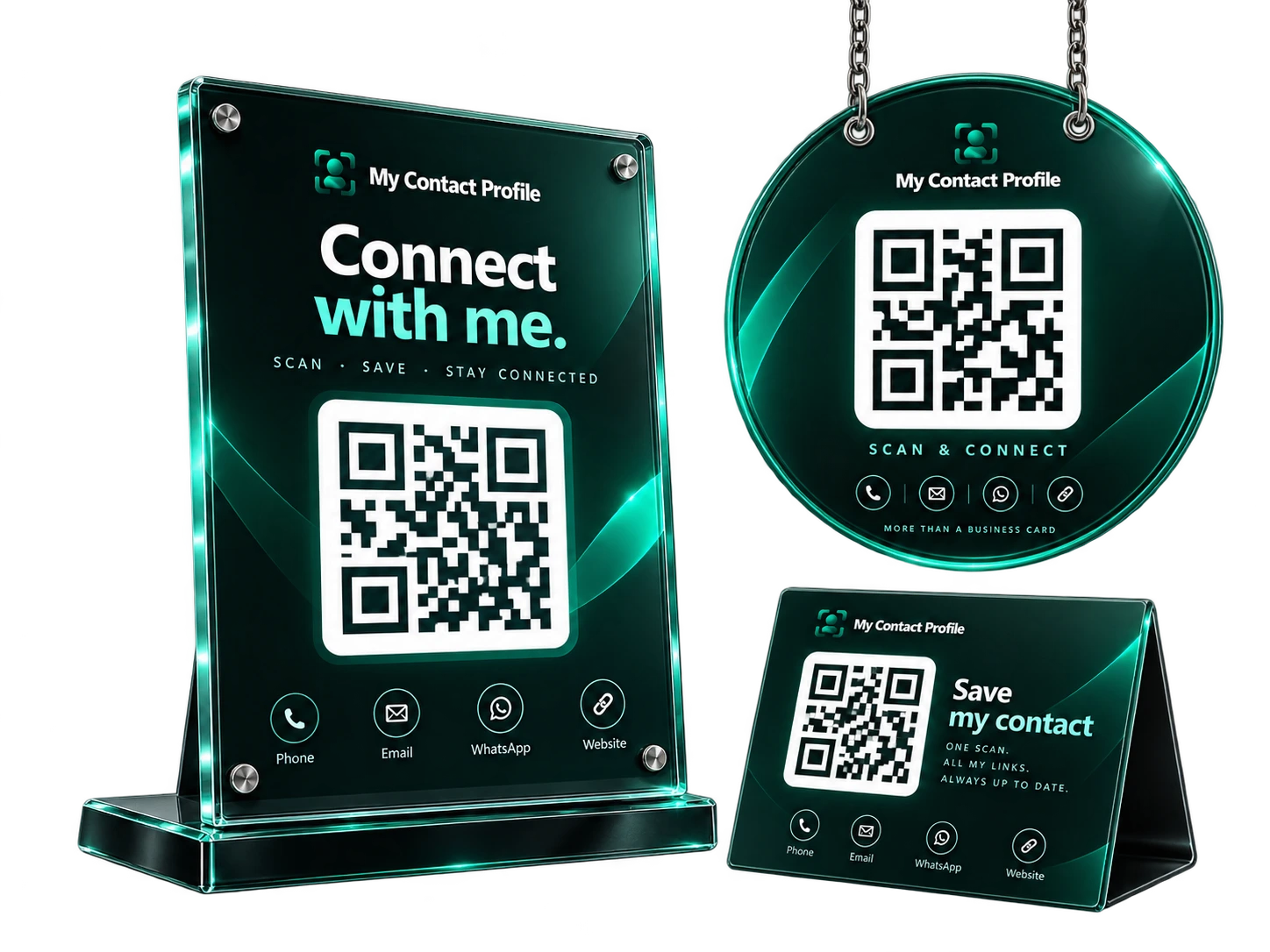 Examples of QR-powered contact display formats including a desk sign, hanging round sign and fold-out table card