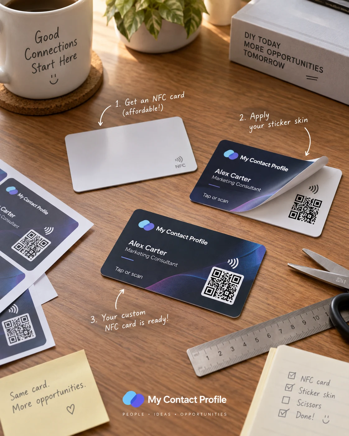 DIY NFC business card layout with blank cards and a phone