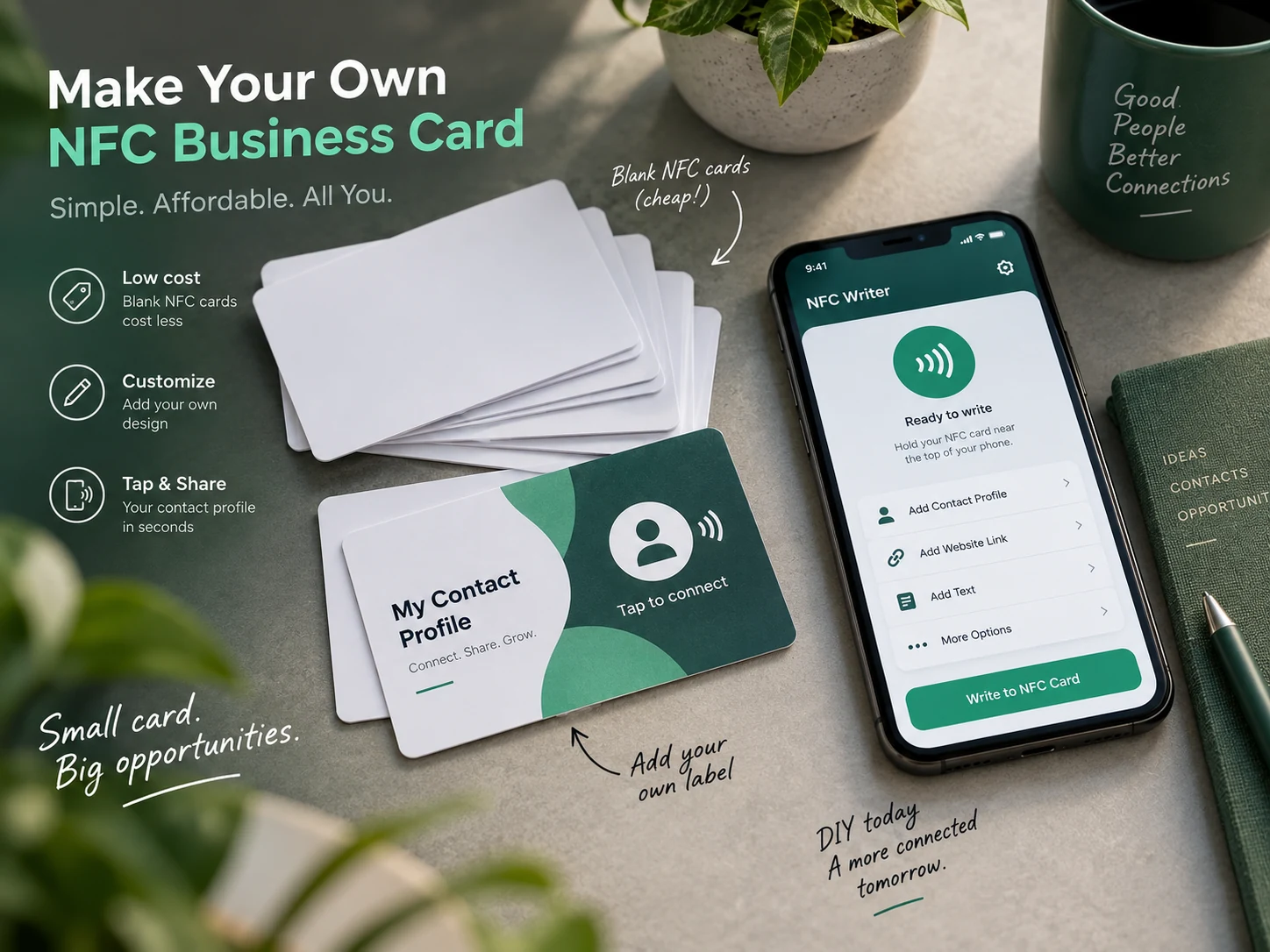 DIY NFC business card workspace with phone and blank cards