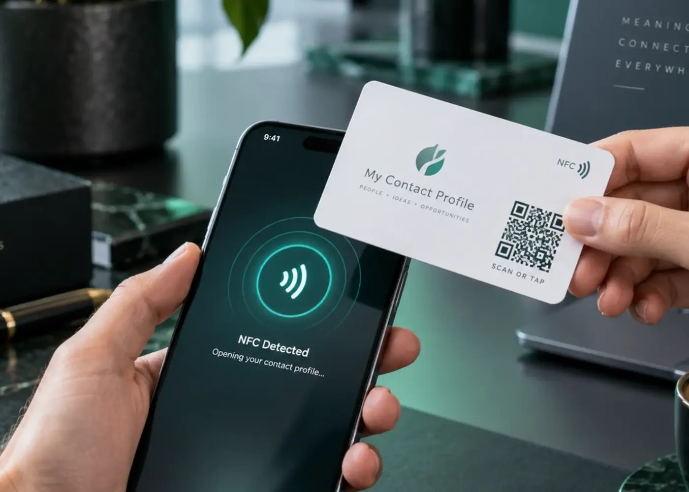 NFC business card being tapped against a phone after programming