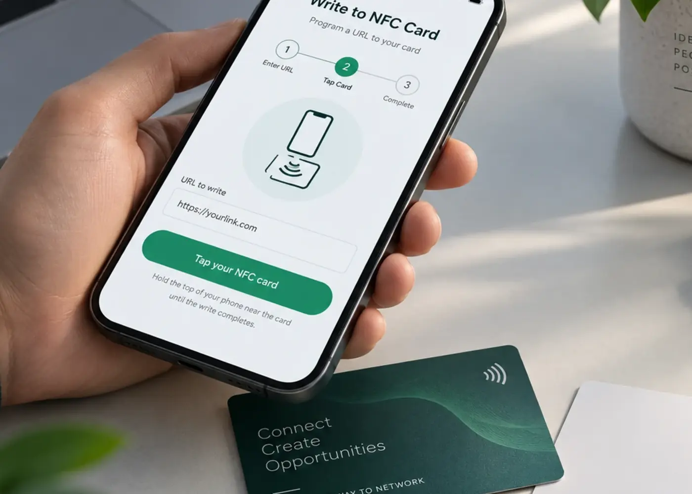Close-up of a phone writing a URL to an NFC card