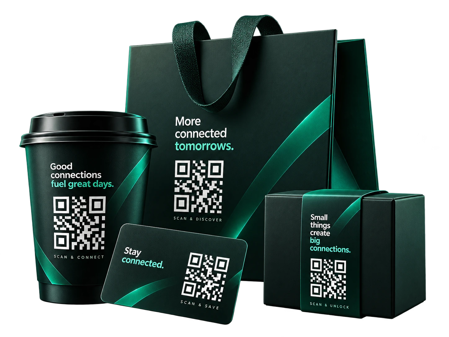 Promotional merchandise examples with QR codes including a coffee cup, shopping bag, business card and product boxes