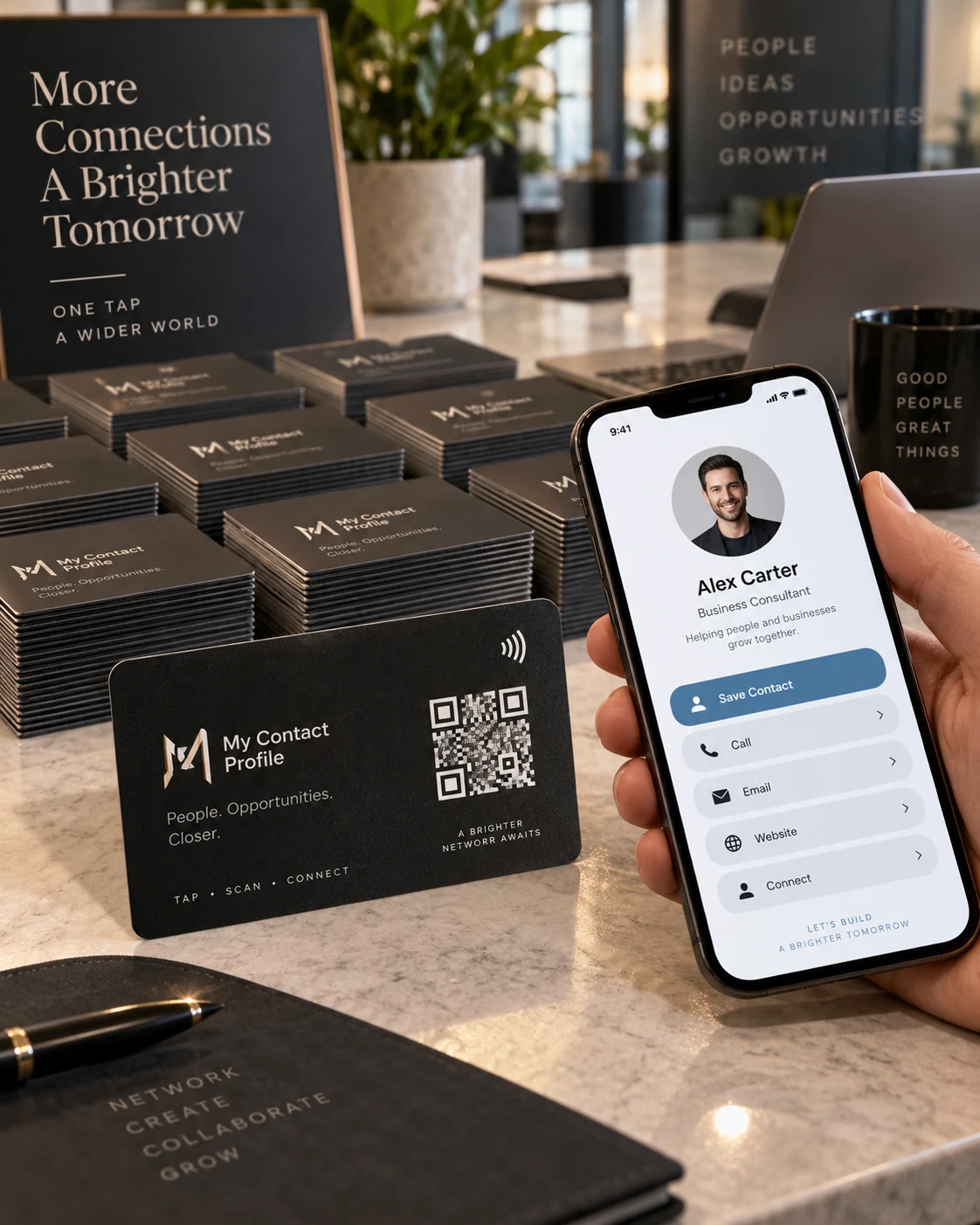 Premium NFC card and phone on a workspace desk